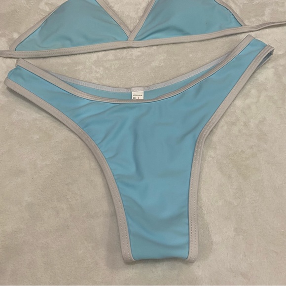 ROMWE Women’s Contrast Piping Halter Top High Leg Tie Bikini - blue, size L - Picture 5 of 9